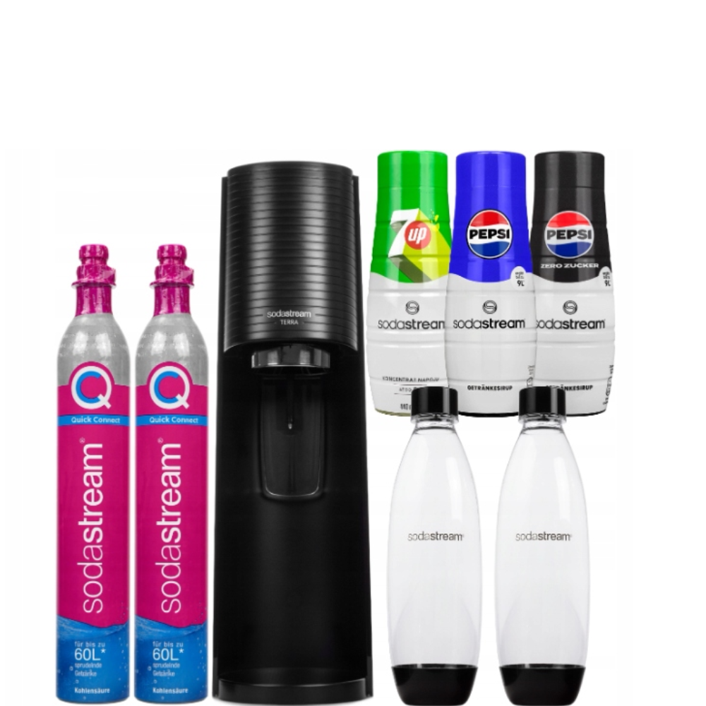 SATURATOR TERRA 2 butelki 1L + 2 naboje CO2 + 3 syropy, kompletny zestaw do domowych napojów gazowanych