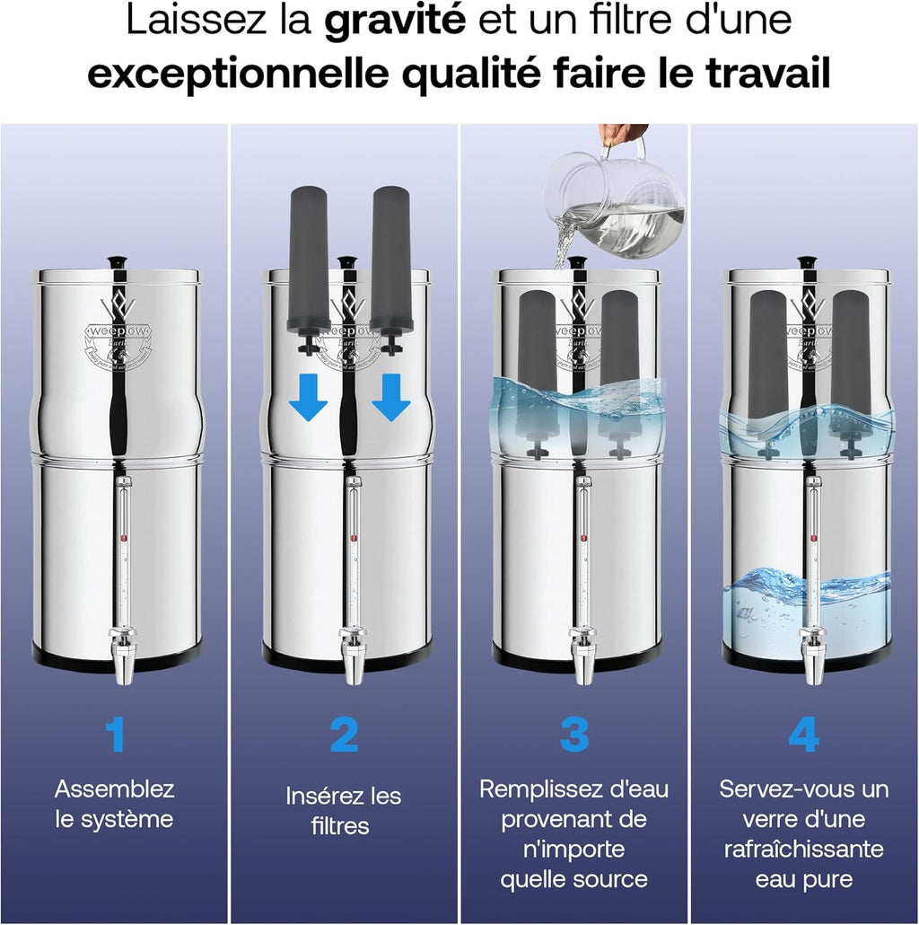 Système de filtration d’eau par gravité Earth WEEP850 8,5 L inox AISI 304 2 filtres O’Pure 2 robinet niveau d’eau