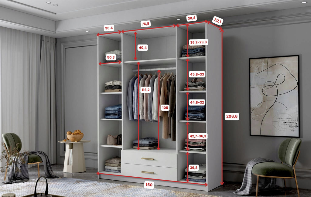 Szafa uchylna Ada I 160 cm 4-drzwiowa garderoba z szufladami półkami i drążkiem na ubrania do sypialni