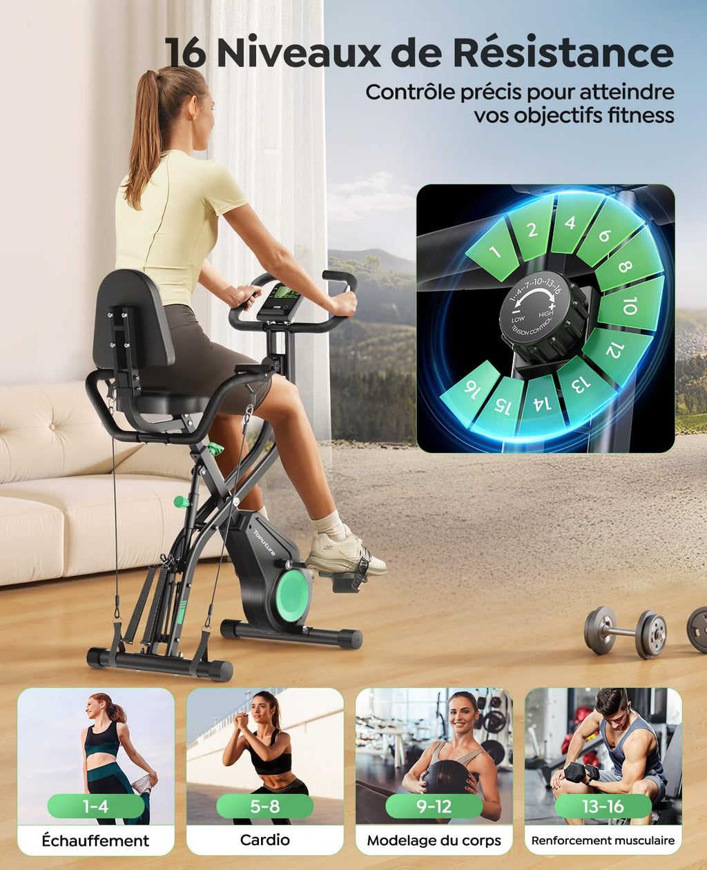 Vélo d'appartement pliable 5 en 1 TEB4 résistance magnétique 16 niveaux écran LCD connexion APP silencieux avec siège réglable capacité 140 kg
