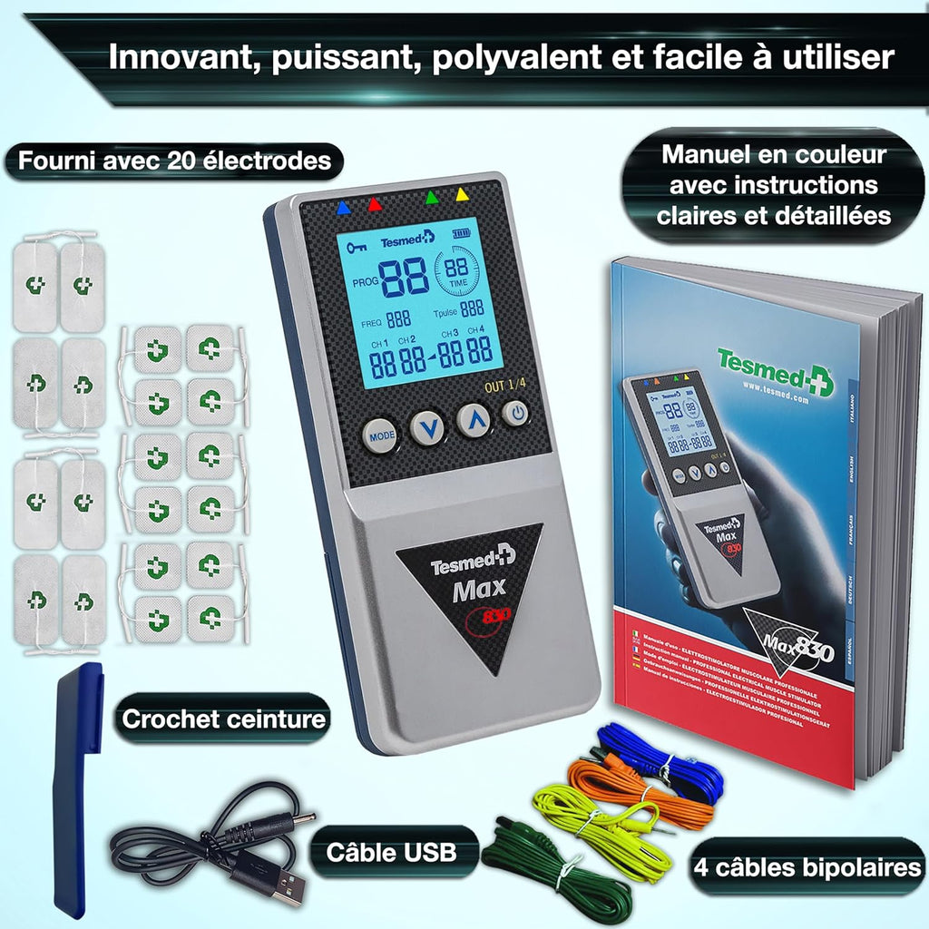 Electrostimulateur musculaire Max 830 TENS EMS massage 4 canaux 115 programmes rechargeable 20 électrodes argent