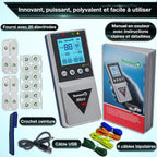 Electrostimulateur musculaire Max 830 TENS EMS massage 4 canaux 115 programmes rechargeable 20 électrodes argent