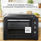 Four électrique Optimo 60 L chaleur tournante 2200 W 7 modes thermostat 240 °C timer 120 min tournebroche noir