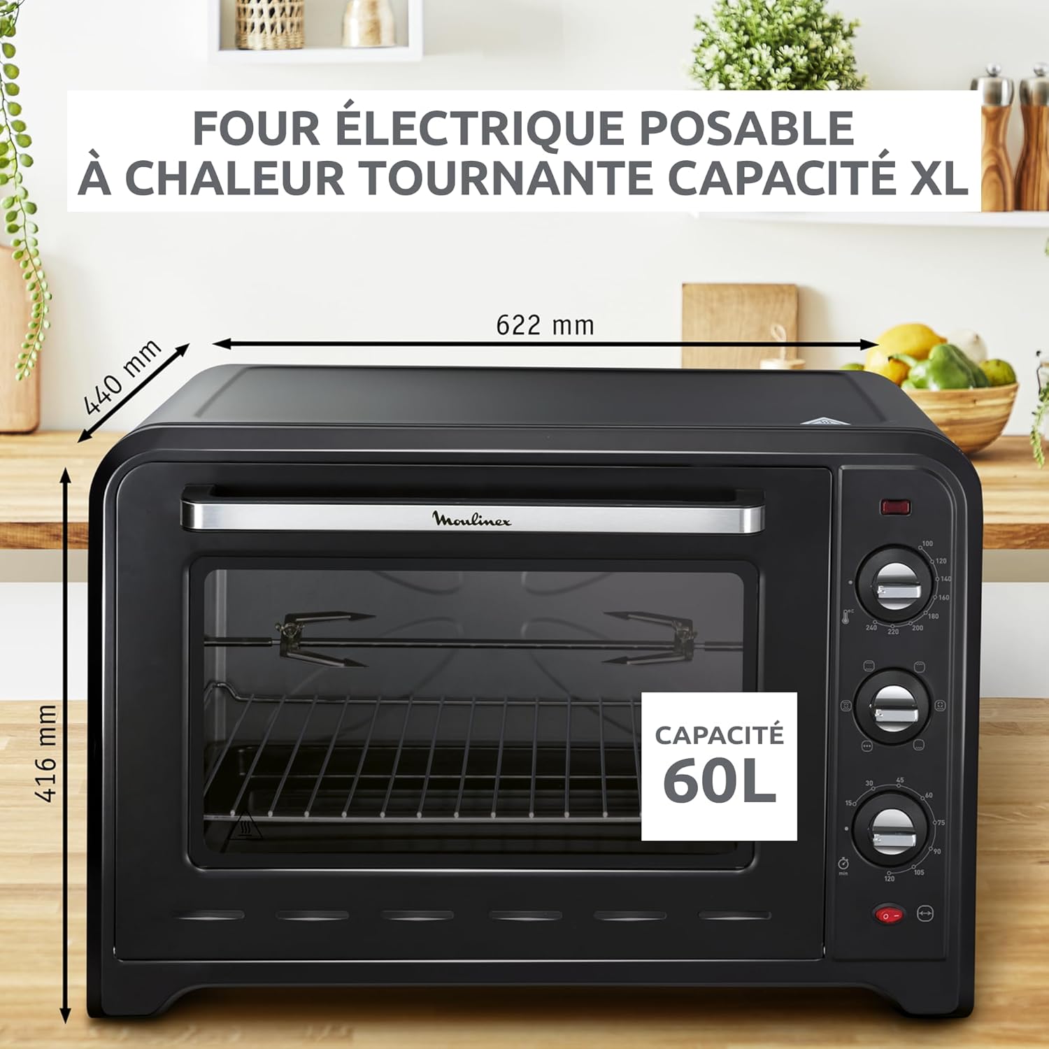 Four électrique Optimo 60 L chaleur tournante 2200 W 7 modes thermostat 240 °C timer 120 min tournebroche noir