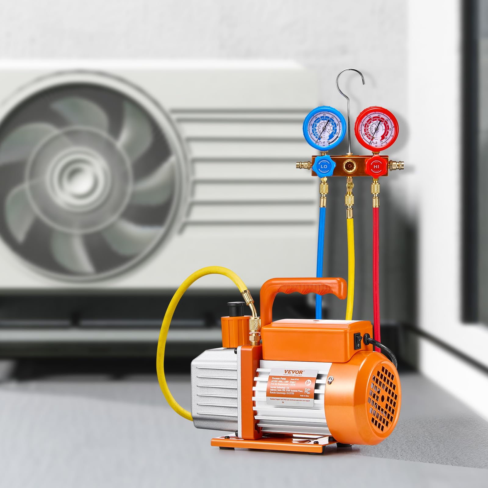 Pompe à vide climatisation CVC VP145 127 L/min 1 étage pour réfrigérant R134a R410A R404A avec kit manomètre et détecteur de fuite