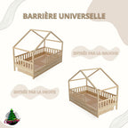 Lit cabane enfant Montessori 190 x 90 cm en bois naturel avec barrière de sécurité et tiroirs de rangement