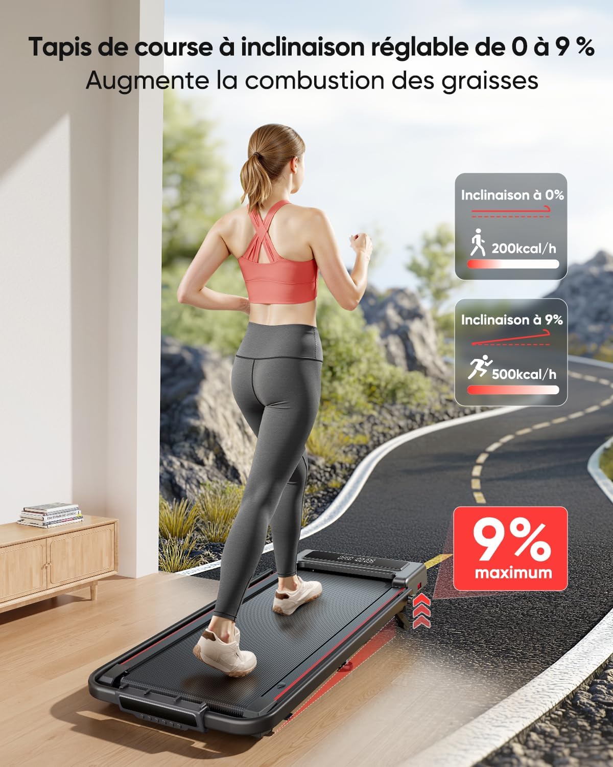 Tapis de course pliable TP4 inclinaison 9 pour cent vitesse 12 km h moteur 2,5 CV charge 130 kg double écran LED
