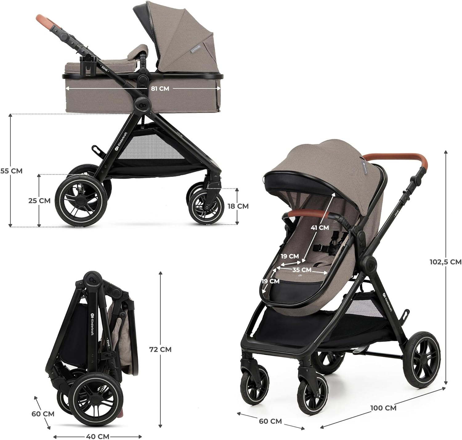 Poussette 3 en 1 ESME travel system siège auto MINK PRO i-Size 40 à 75 cm pliable tout-terrain harnais 5 points beige
