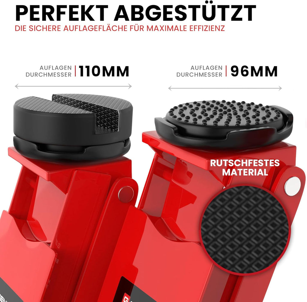 Cric hydraulique 3T GTWH3000 hauteur 75 à 505 mm charge 3000 kg 2 patins caoutchouc roulettes 360 degrés rouge