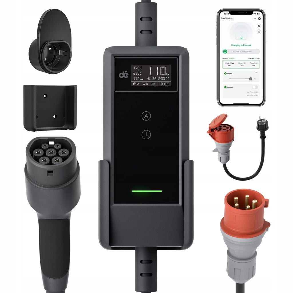 Przenośna ładowarka do samochodów elektrycznych EV Typ 2 11 kW 400 V przewód 7 m sterowanie Wi-Fi