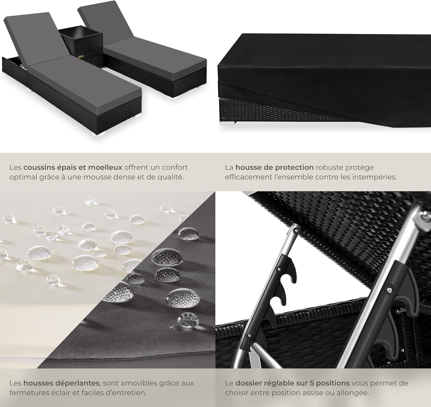 Lot de 2 chaises longues réglables en résine tressée avec table housses et protection noir marron