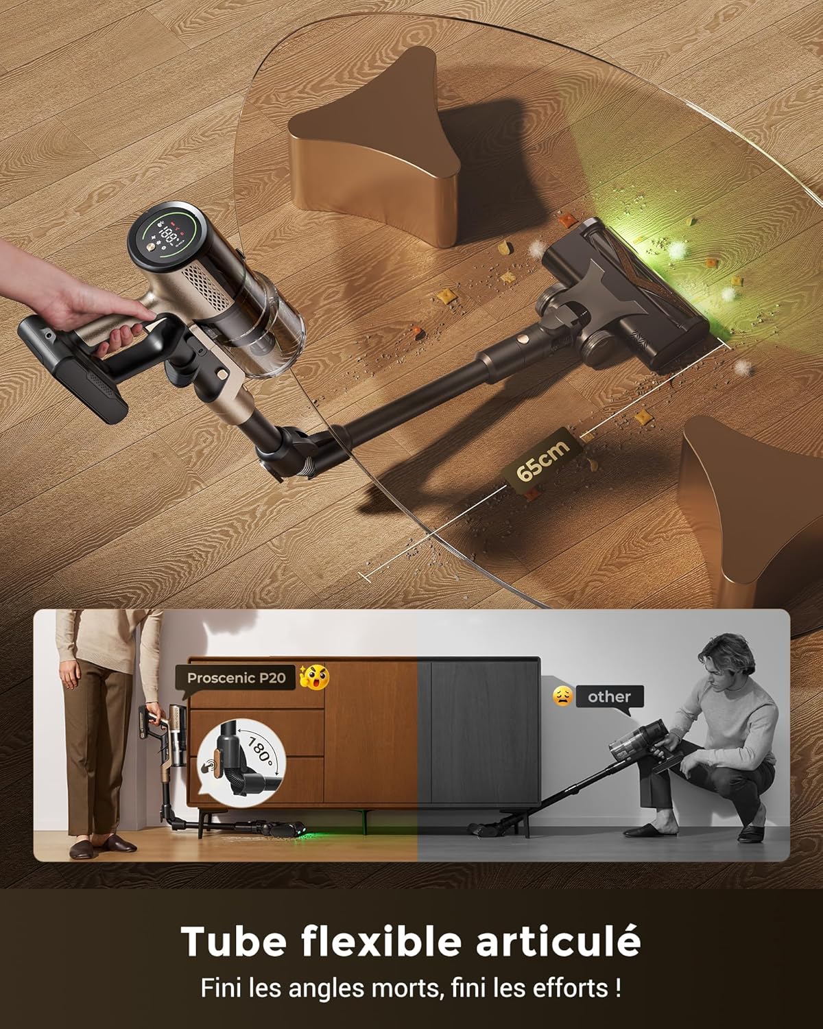 Aspirateur balai sans fil P20 680 W 70 KPa autonomie 70 min aspirateur laveur pliable HEPA brosse anti-enmêlement