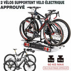 Porte-vélos attelage voiture 2 vélos charge 60 kg pliable avec feu arrière support plaque d'immatriculation noir