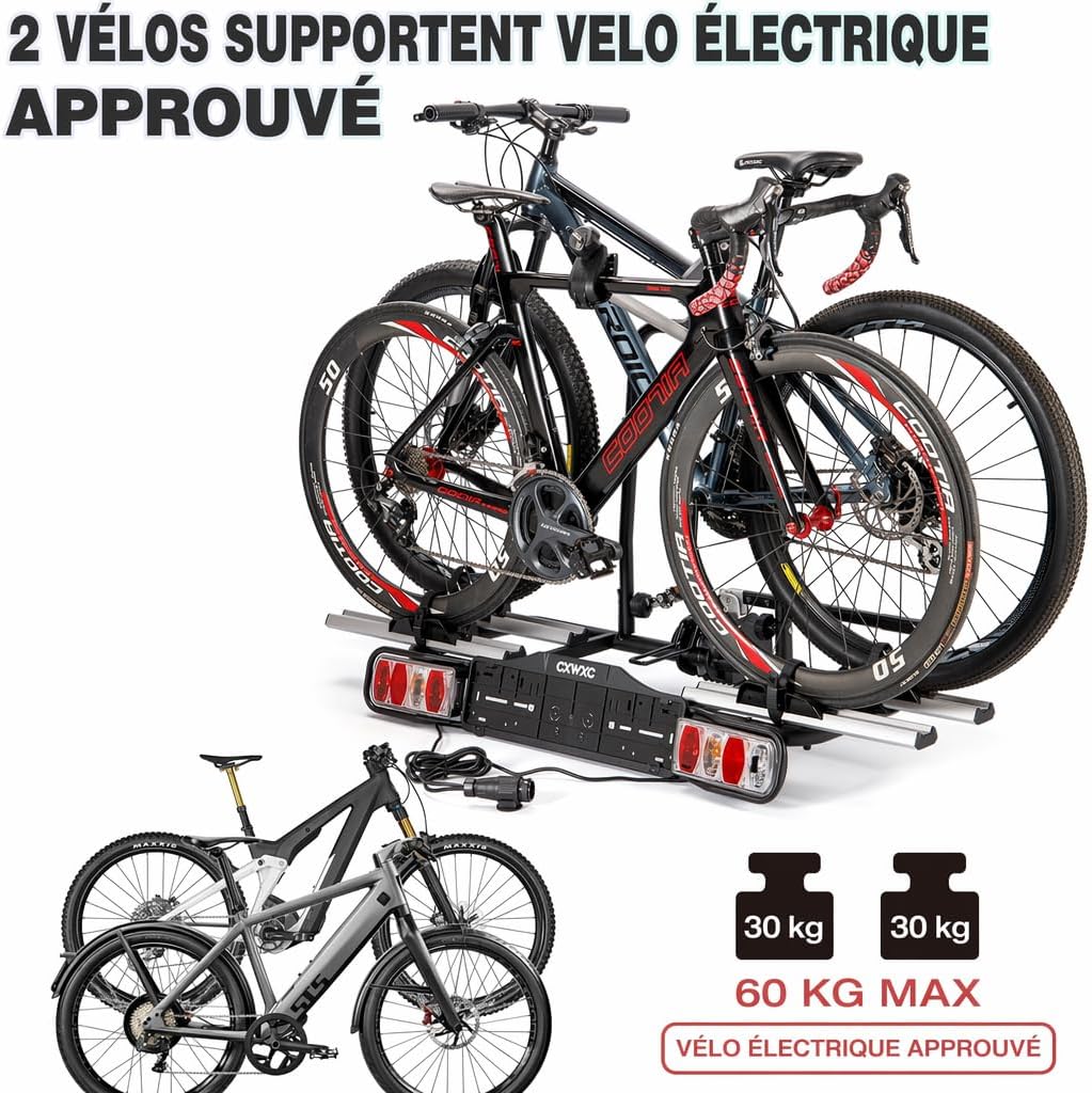 Porte-vélos attelage voiture 2 vélos charge 60 kg pliable avec feu arrière support plaque d'immatriculation noir