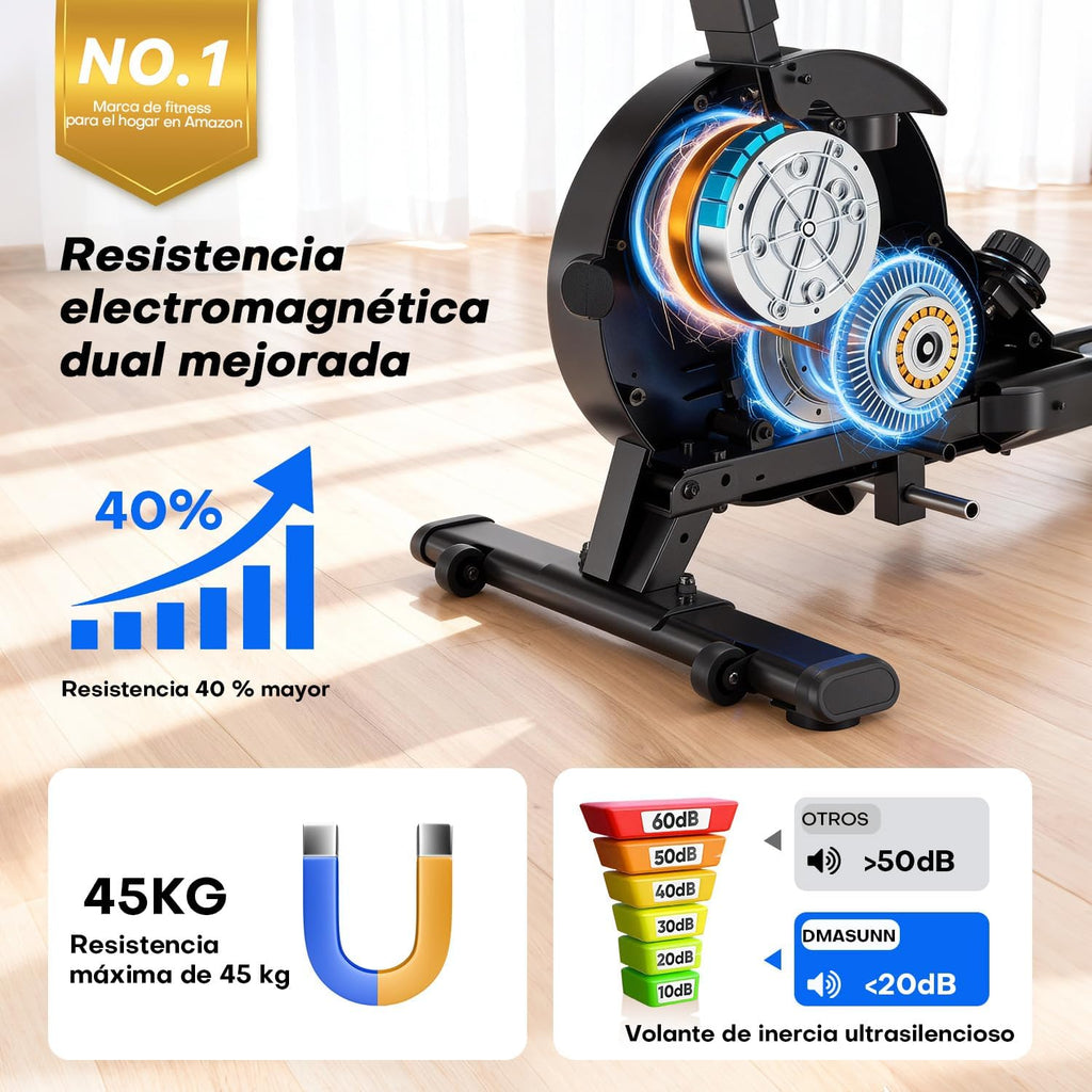Rameur magnétique d’appartement DMASUN 16 niveaux double rail écran LED Bluetooth rangement vertical charge 160 kg