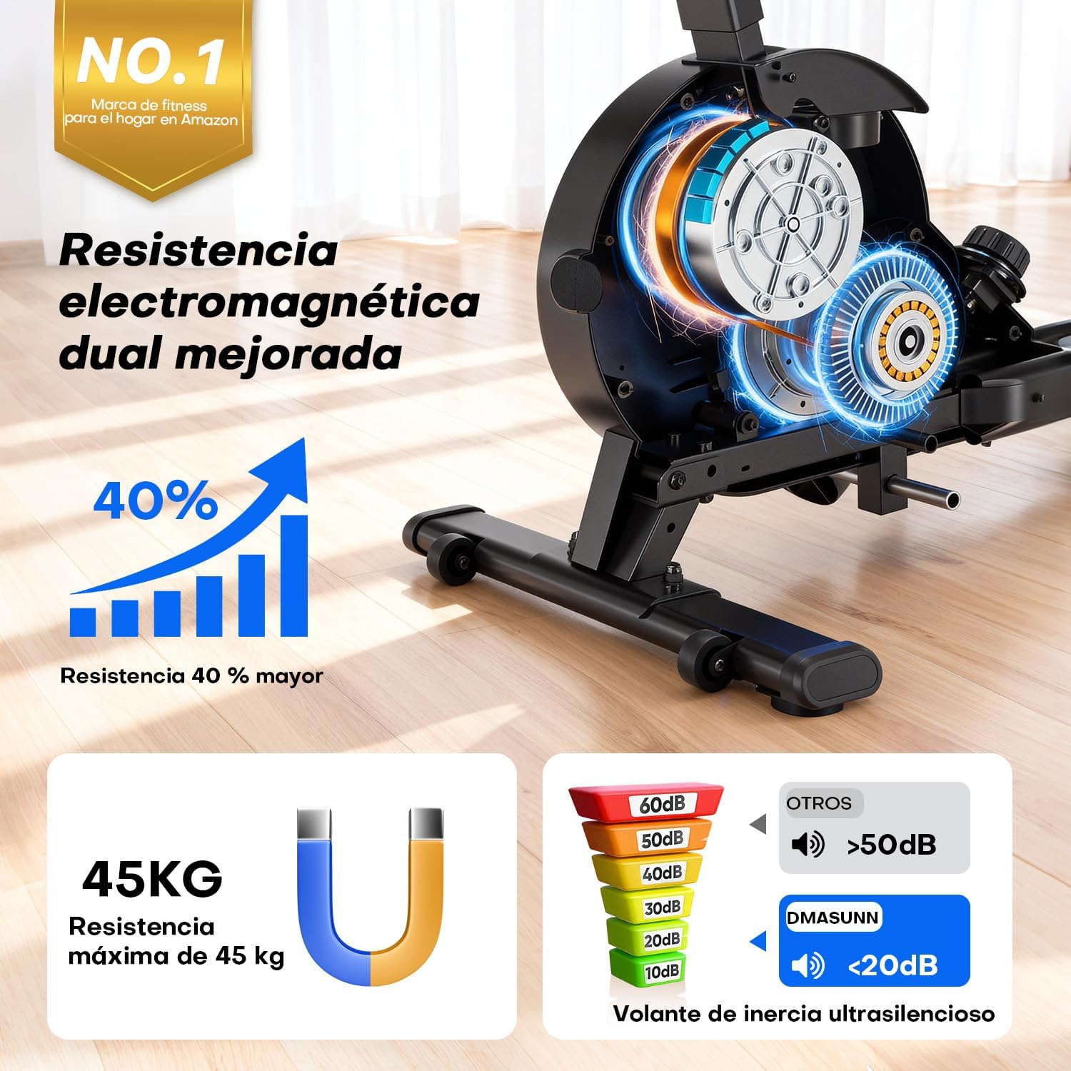 Rameur magnétique d’appartement DMASUN 16 niveaux double rail écran LED Bluetooth rangement vertical charge 160 kg