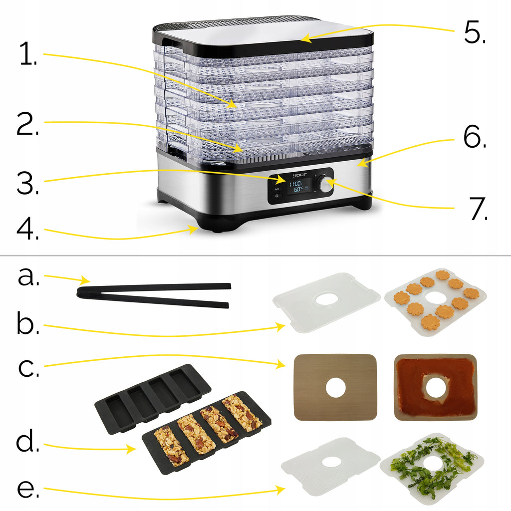 Suszarka elektryczna do grzybów i owoców 450W INOX 6 sit z timerem i 9 akcesoriami do domu