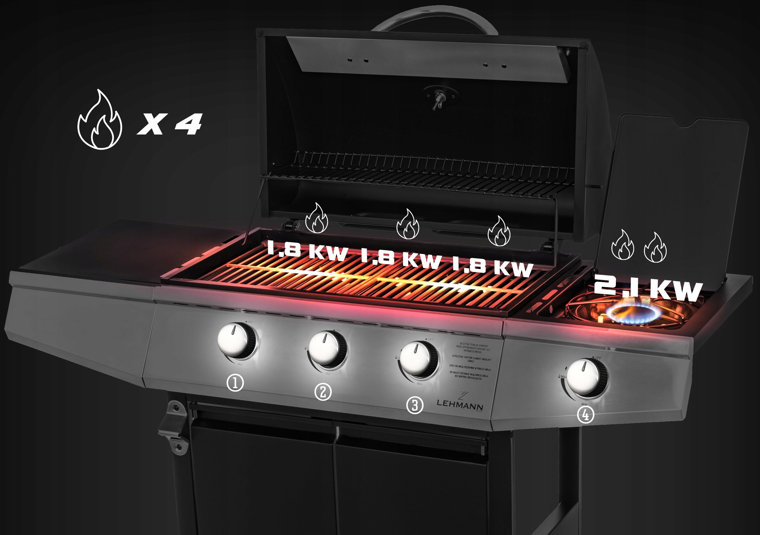 Grill gazowy ogrodowy Texas 3+1 z żeliwnym rusztem pokrowcem termometrem i palnikiem bocznym do grillowania