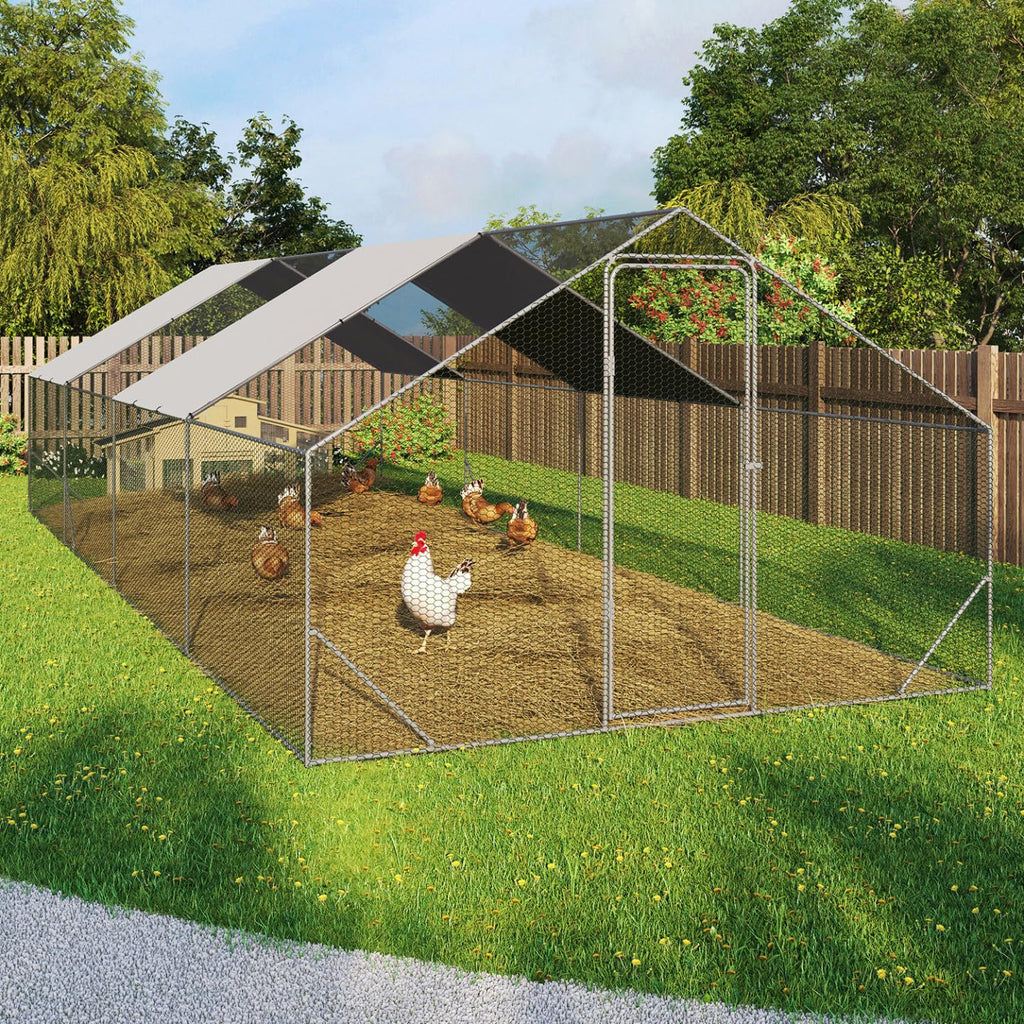 Enclos poulailler 24 m² 8x3x2 m parc grillagé acier galvanisé avec bâche imperméable anti-UV protection animaux extérieurs