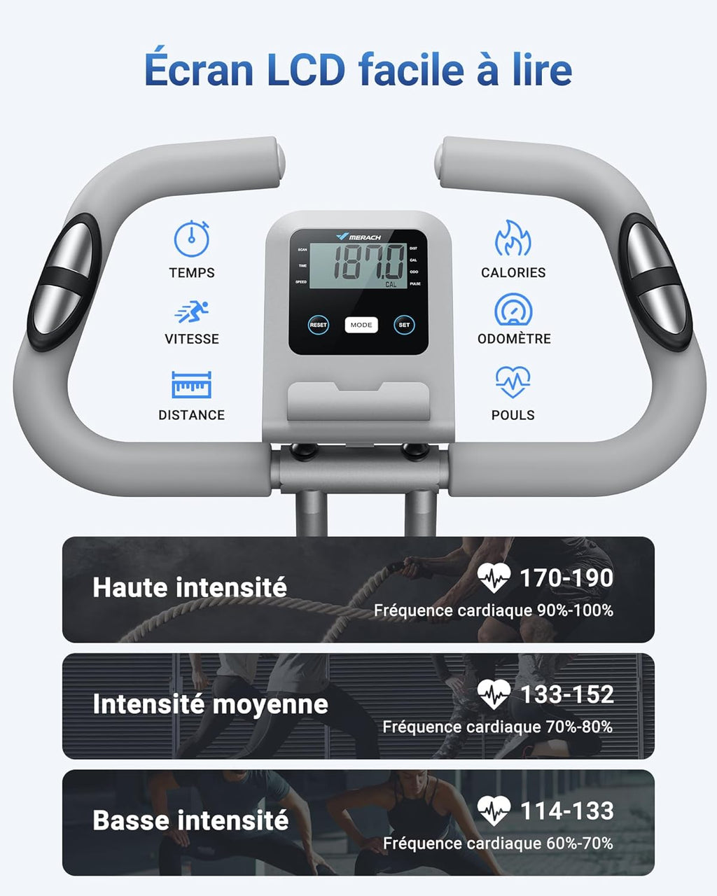 Vélo d’appartement pliable 4 en 1 MERACH résistance magnétique 16 niveaux écran LCD pouls app selle confortable bleu