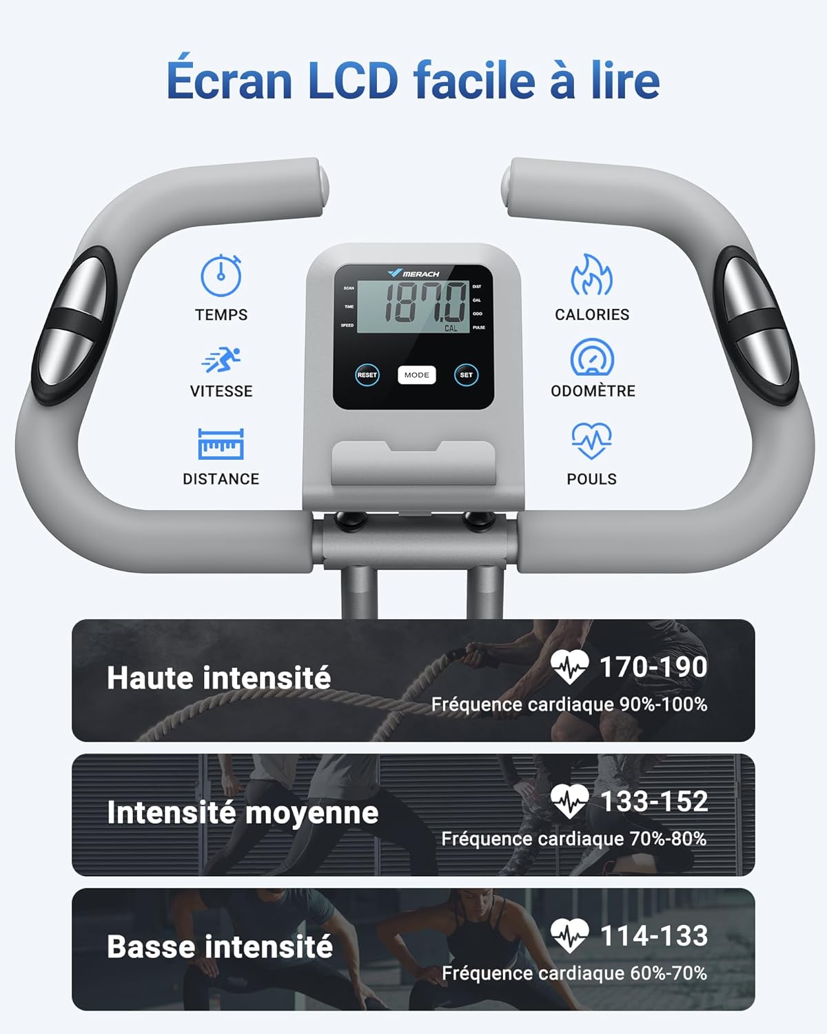 Vélo d’appartement pliable 4 en 1 MERACH résistance magnétique 16 niveaux écran LCD pouls app selle confortable bleu