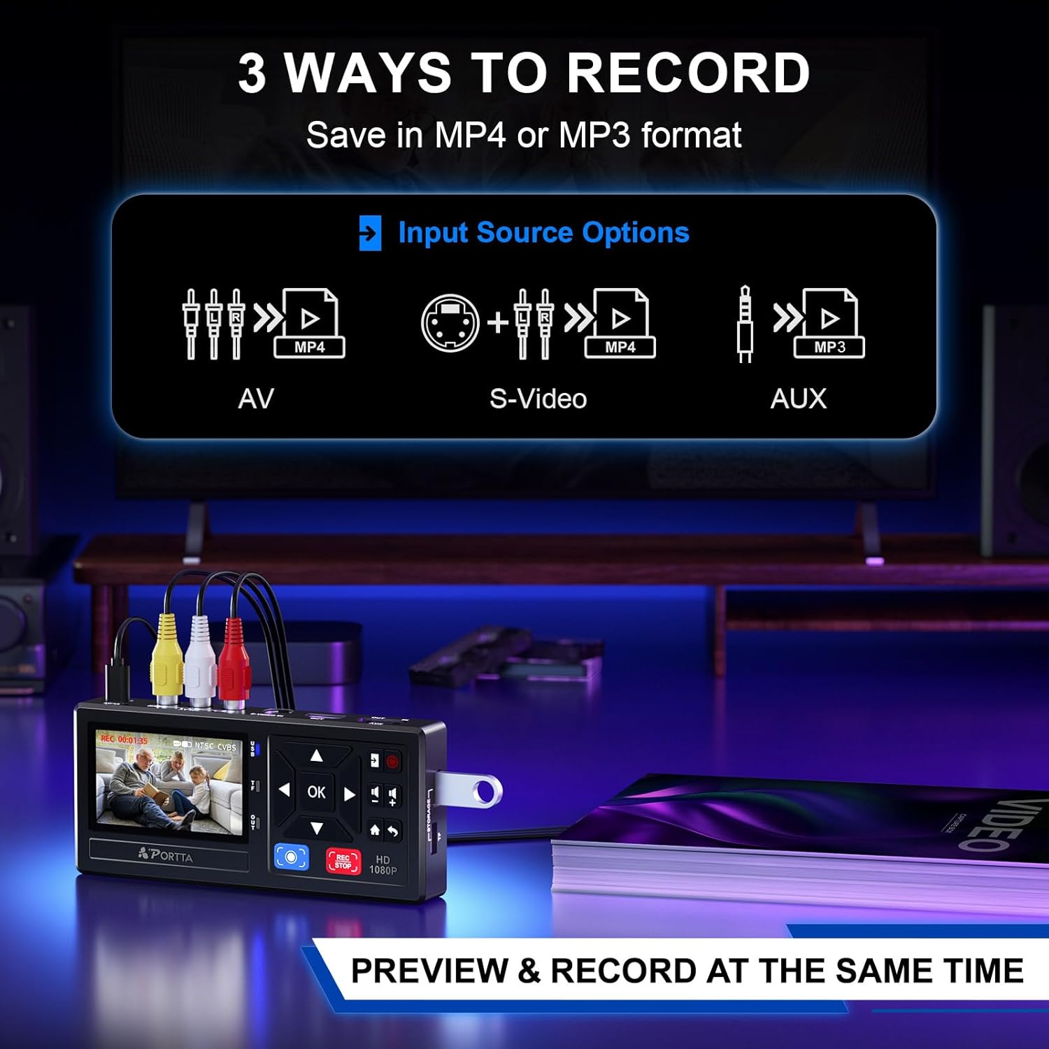 Convertisseur VHS vers numérique VD10 RCA vers HDMI 1080P avec écran 3 pouces compatible VHS Hi8 Mini DV