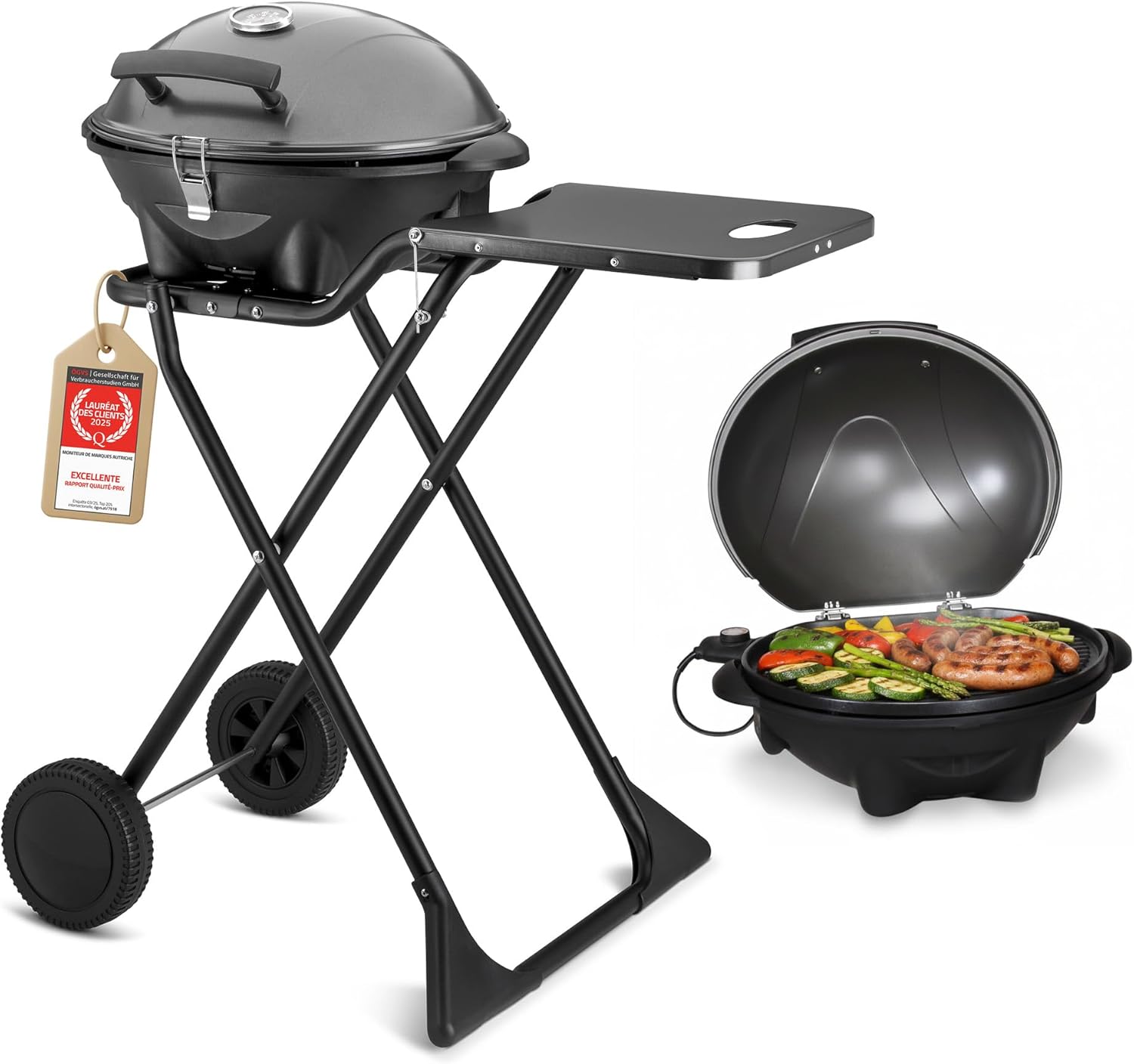 Barbecue électrique 2 en 1 2400 W surface 44 x 33,5 cm couvercle chariot thermomètre bac ramasse-graisse gris noir