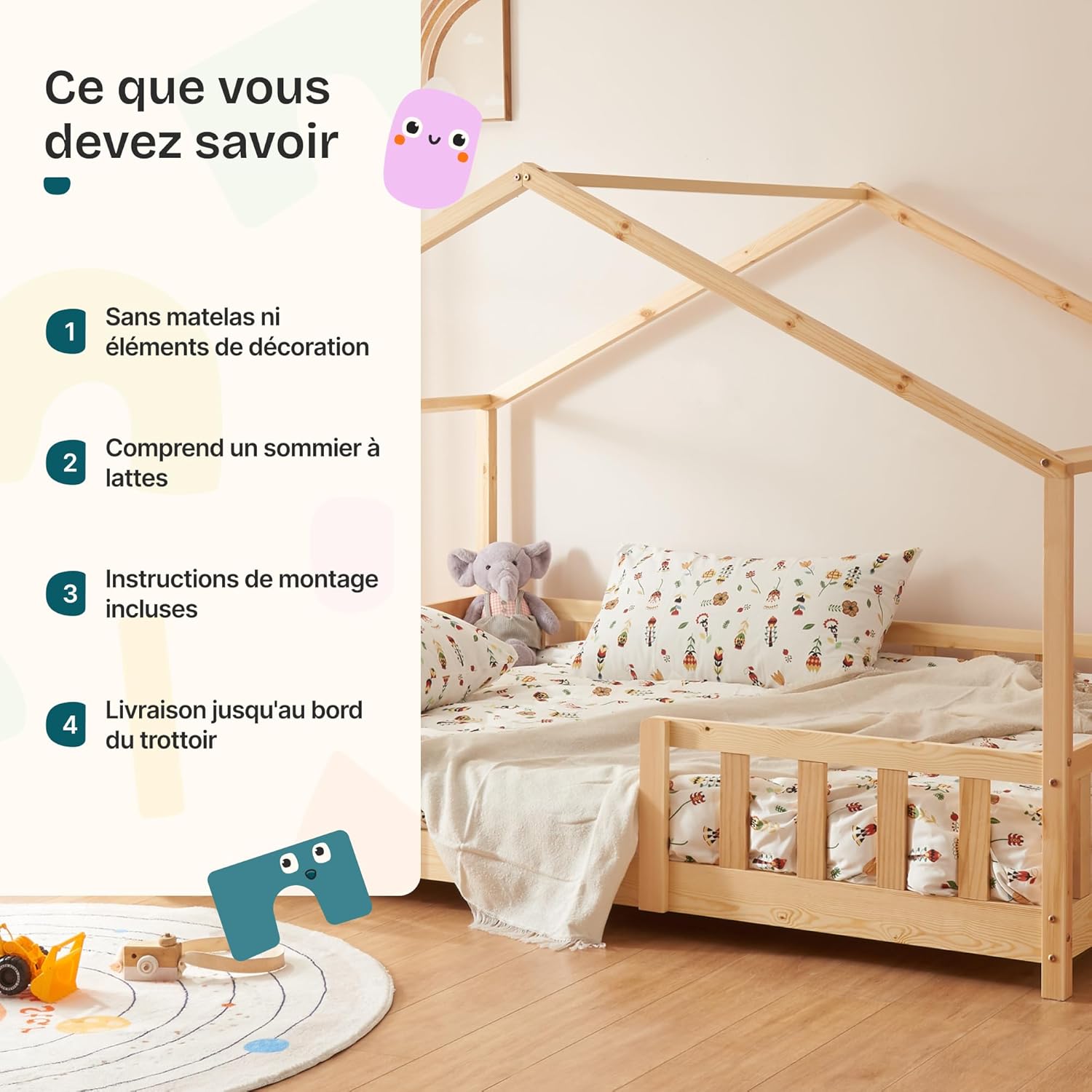 Lit enfant forme maison AAKB-8779 90 x 200 cm bois de pin avec barrière de protection sommier inclus charge 100 kg