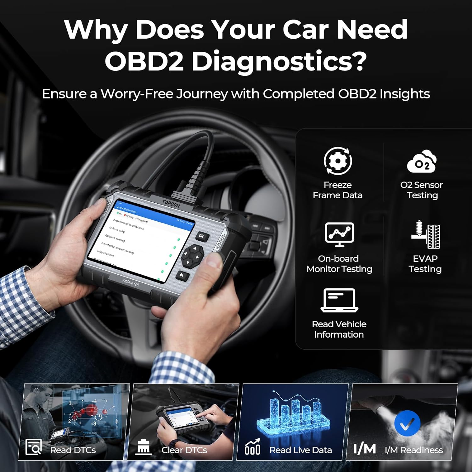 Valise diagnostic auto AD500 4 systèmes OBD2 moteur transmission ABS SRS 6 réinitialisations écran 5 pouces