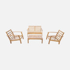 Salon jardin bois 4 places canapé fauteuils table basse acacia coussins vert de gris