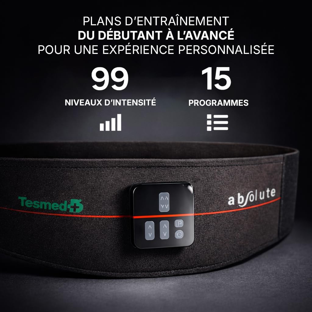 Ceinture abdominale EMS Absolute sans fil rechargeable 15 programmes 99 niveaux abdos centraux latéraux unisexe Made in Italy