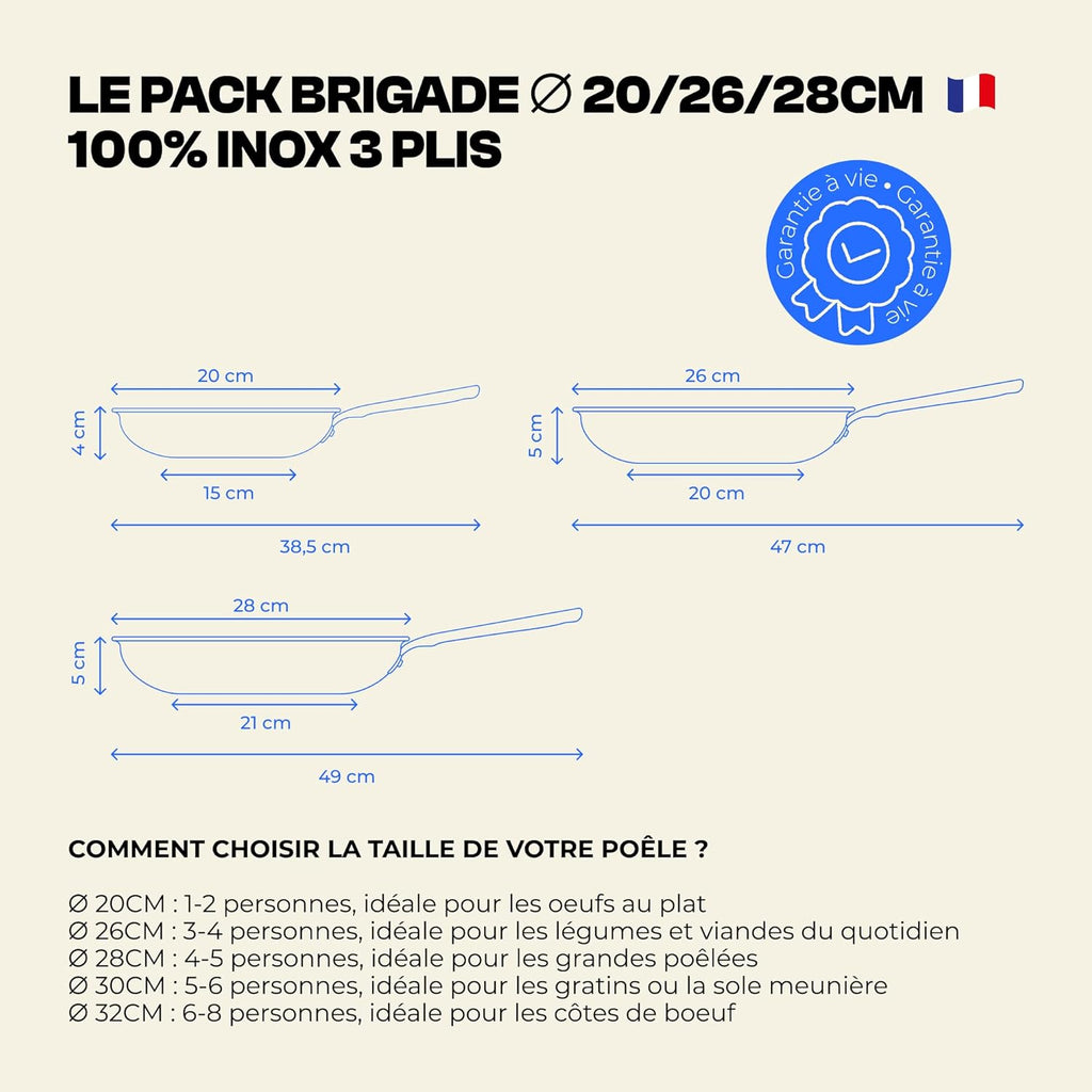 Set 3 poêles inox triple couche 20 26 28 cm manche riveté sans PFAS compatible tous feux four