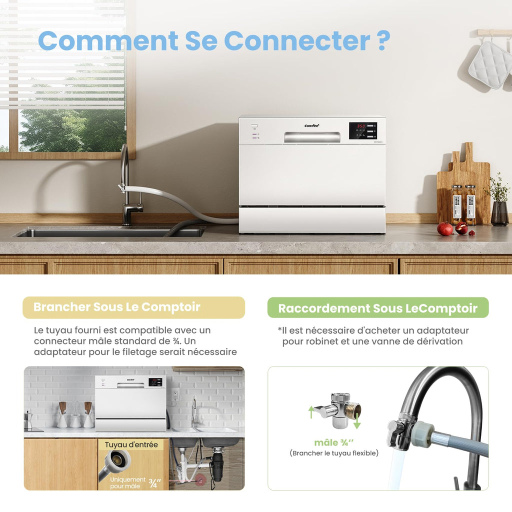 Lave-vaisselle compact TD602E-W 6 couverts 6 programmes écran LED démarrage différé 47 dB consommation eau réduite