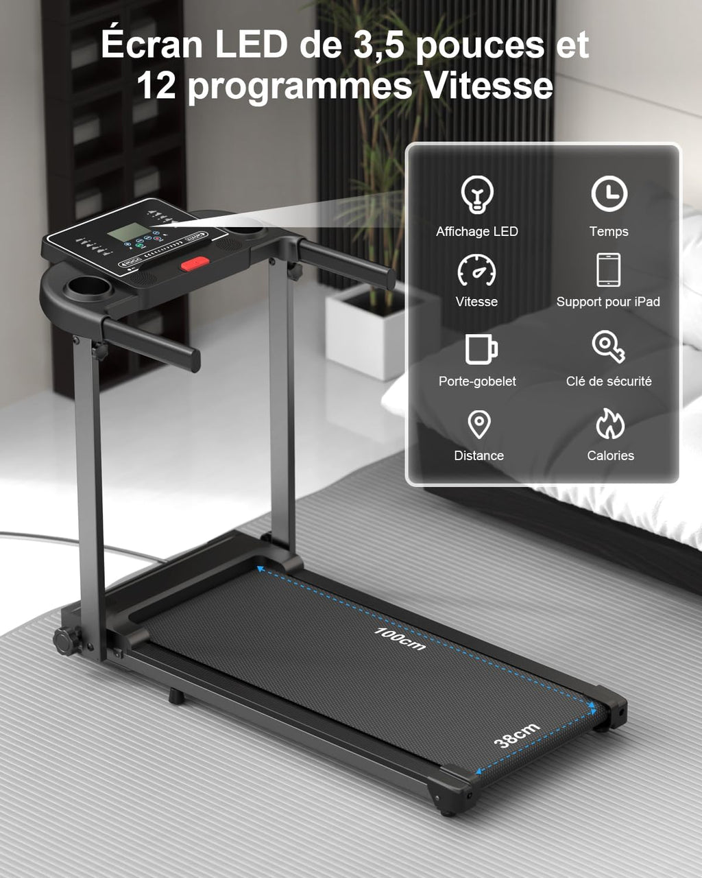 Tapis de course pliable LF-X2DC vitesse 1 à 10 km h moteur 2,0 CV charge 100 kg écran LED