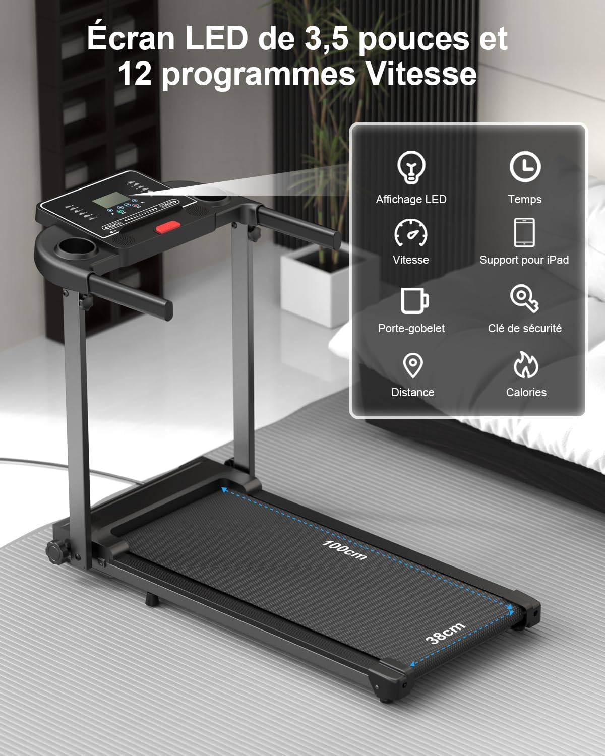 Tapis de course pliable LF-X2DC vitesse 1 à 10 km h moteur 2,0 CV charge 100 kg écran LED