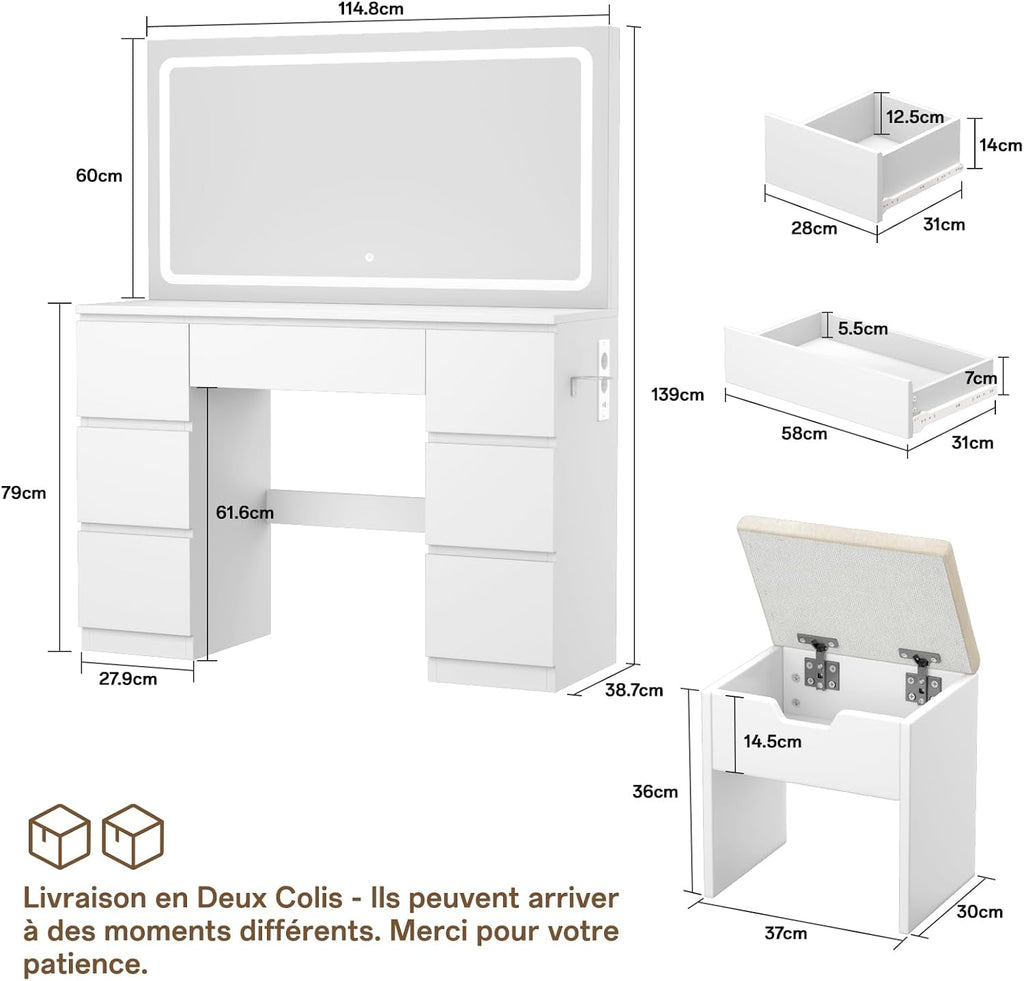 Coiffeuse miroir LED 115 x 60 cm tabouret inclus 7 tiroirs station recharge éclairage réglable blanc