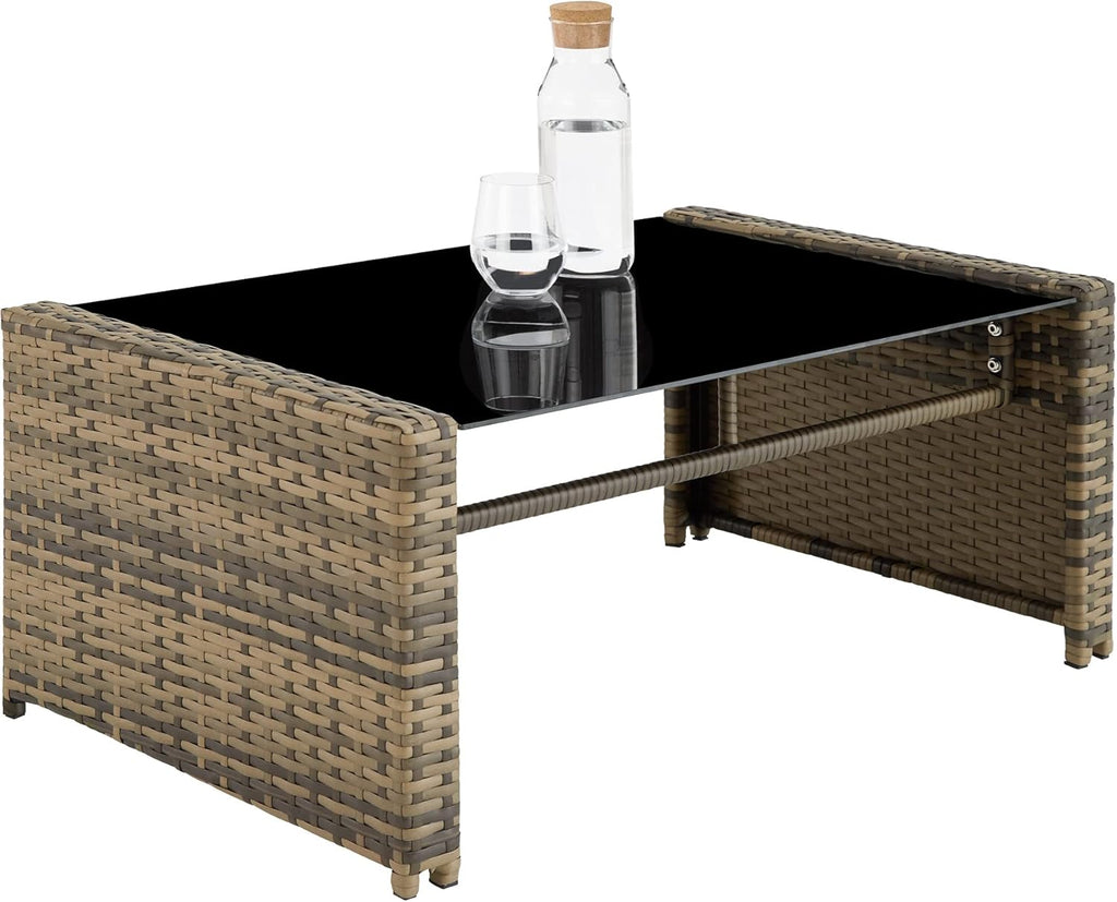 Salon de jardin résine 4 places canapé 2 fauteuils table plateau verre coussins inclus 122 x 70 x 76 cm marron gris