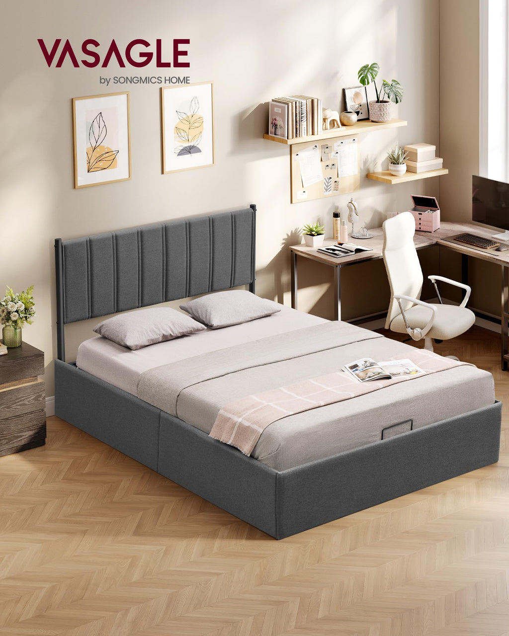 Lit coffre 140x190 cm sommier relevable hydraulique avec rangement tête de lit tissu gris cadre métal bois charge 454 kg