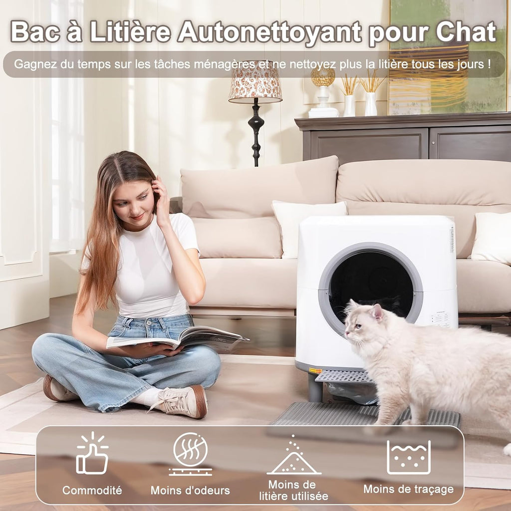 Litière autonettoyante XL Ellenpent 90 L contrôle app anti-fuites anti-pincement anti-odeurs vidage 1 touche blanc