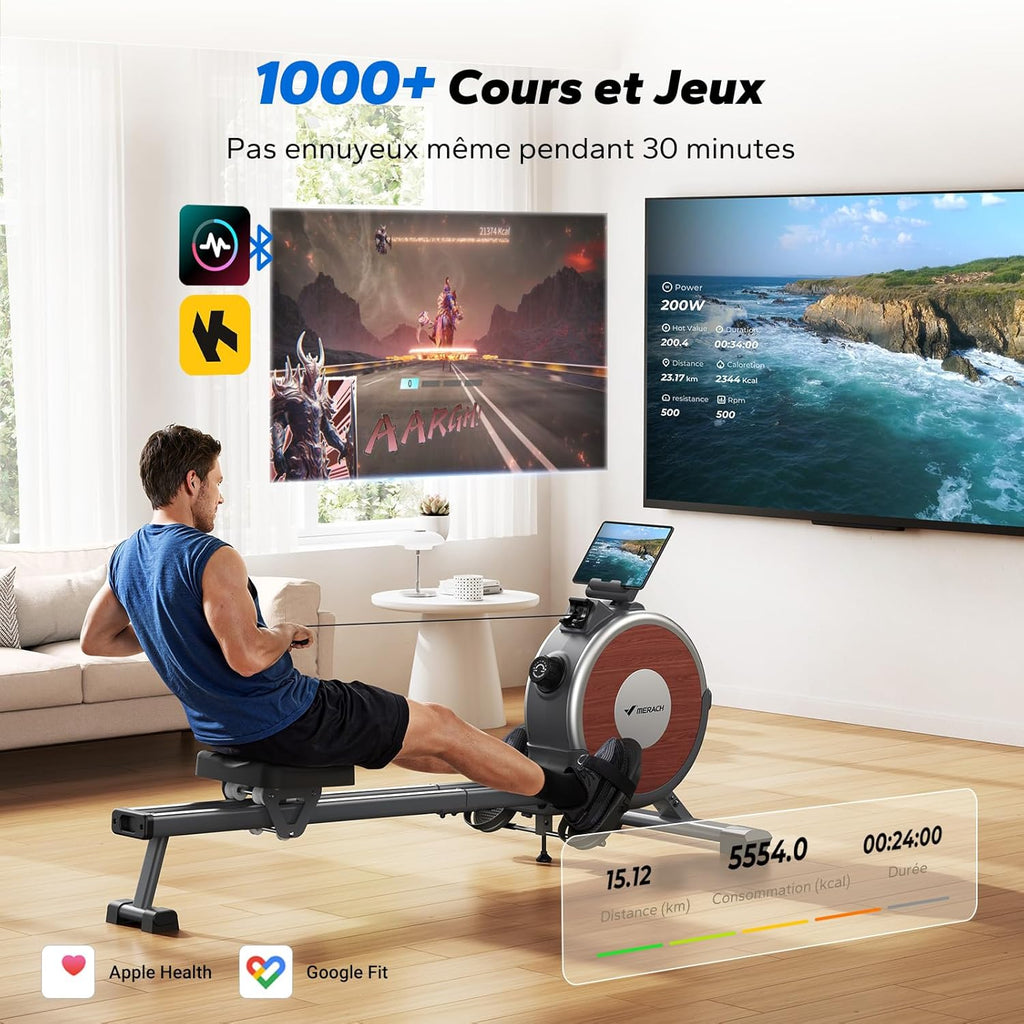 Rameur magnétique d’appartement Q1s 16 niveaux résistance silencieuse application MERACH rails doubles charge 160 kg noir