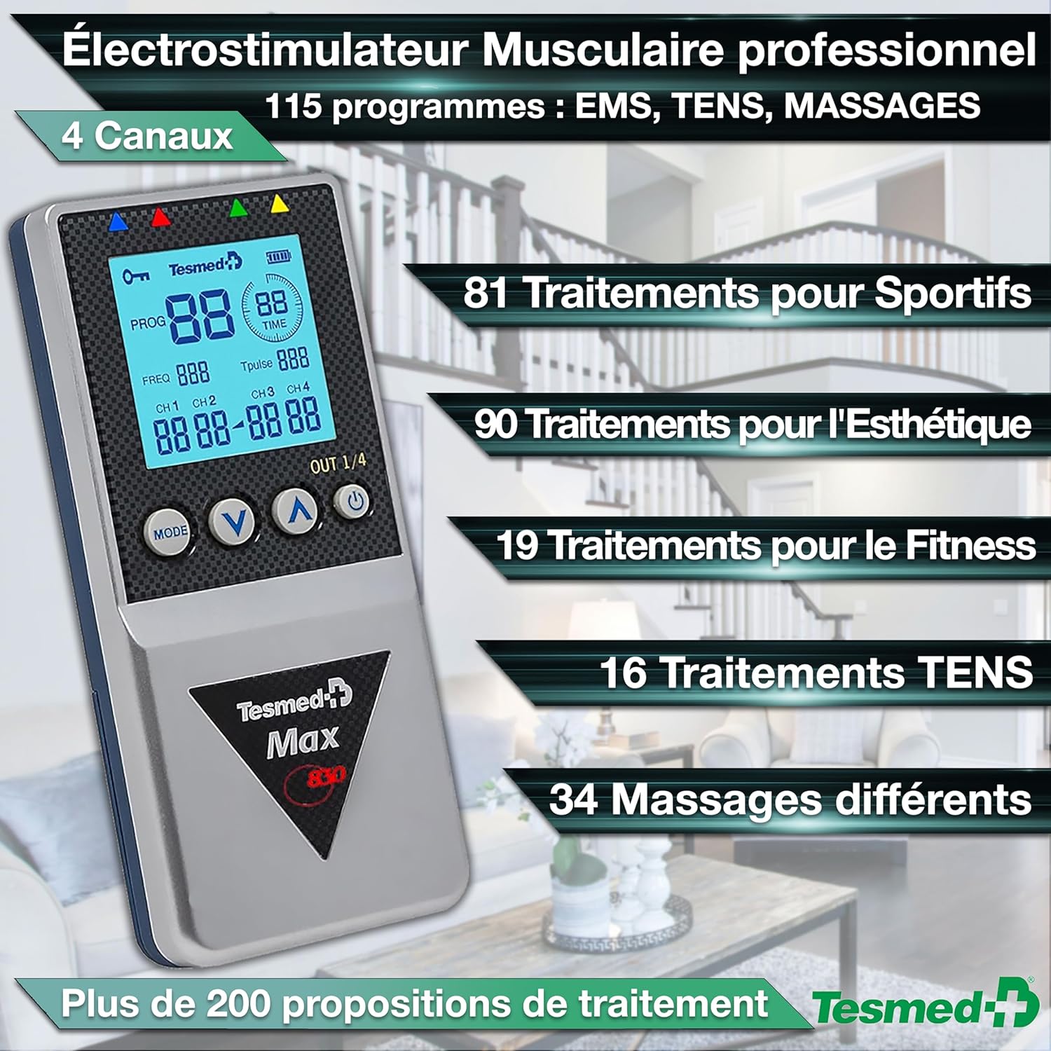 Electrostimulateur musculaire Max 830 TENS EMS massage 4 canaux 115 programmes rechargeable 20 électrodes argent
