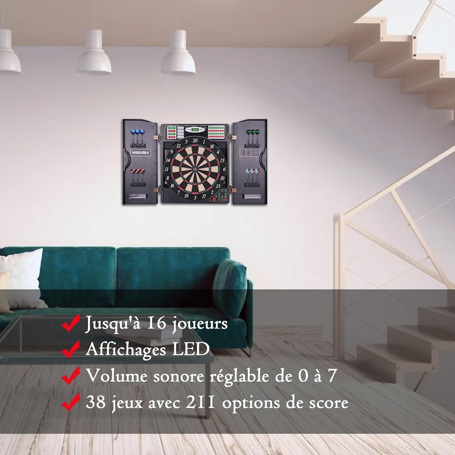 Cible de fléchettes électronique LED avec armoire 38 jeux 211 options 12 fléchettes pointe souple adultes