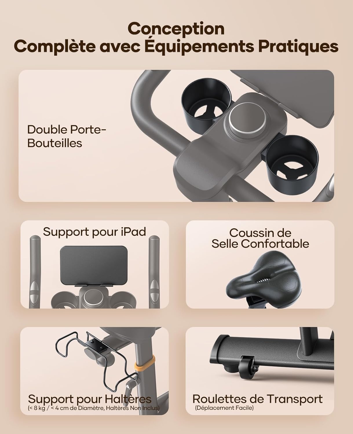 Vélo d’appartement TEB5 résistance magnétique électrique 32 niveaux écran tactile capteur cardiaque Bluetooth charge 150 kg