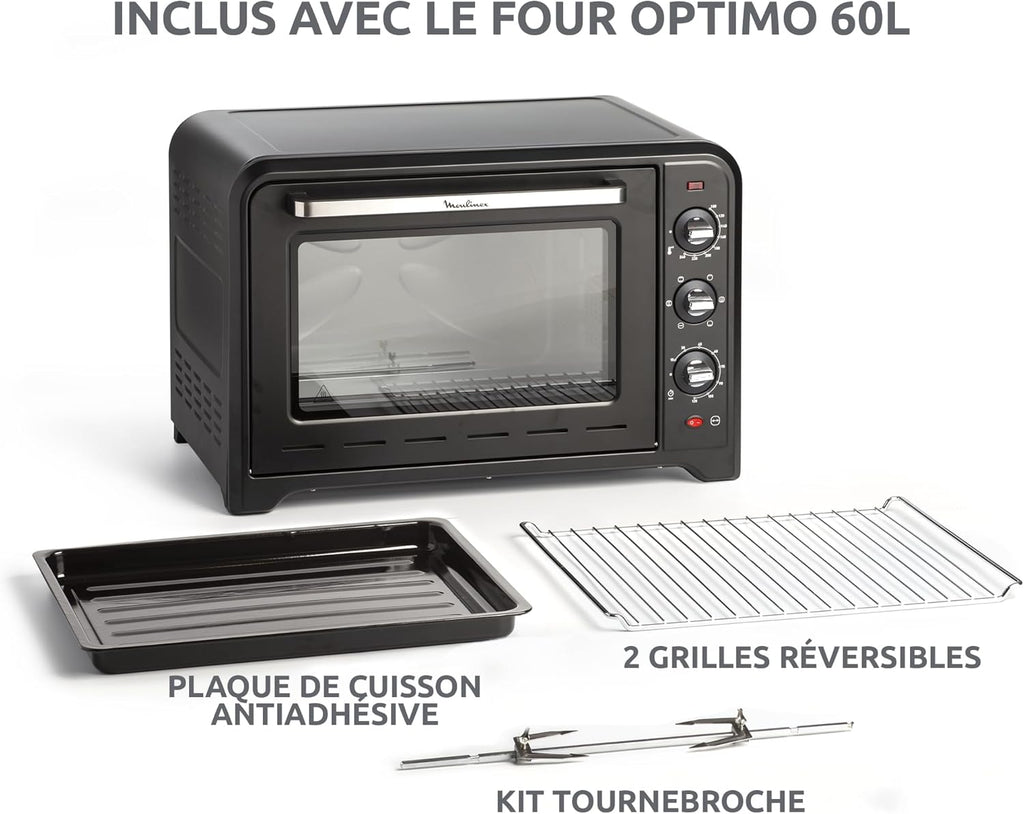 Four électrique Optimo 60 L chaleur tournante 2200 W 7 modes thermostat 240 °C timer 120 min tournebroche noir