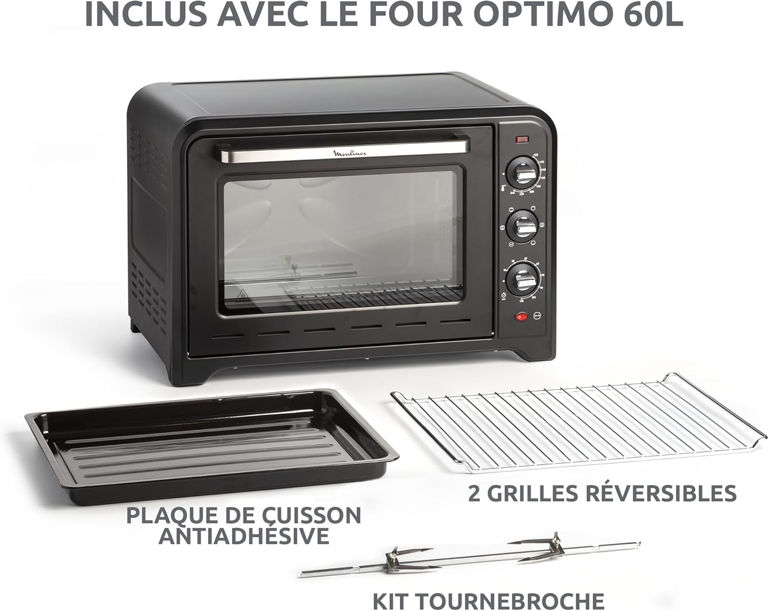 Four électrique Optimo 60 L chaleur tournante 2200 W 7 modes thermostat 240 °C timer 120 min tournebroche noir