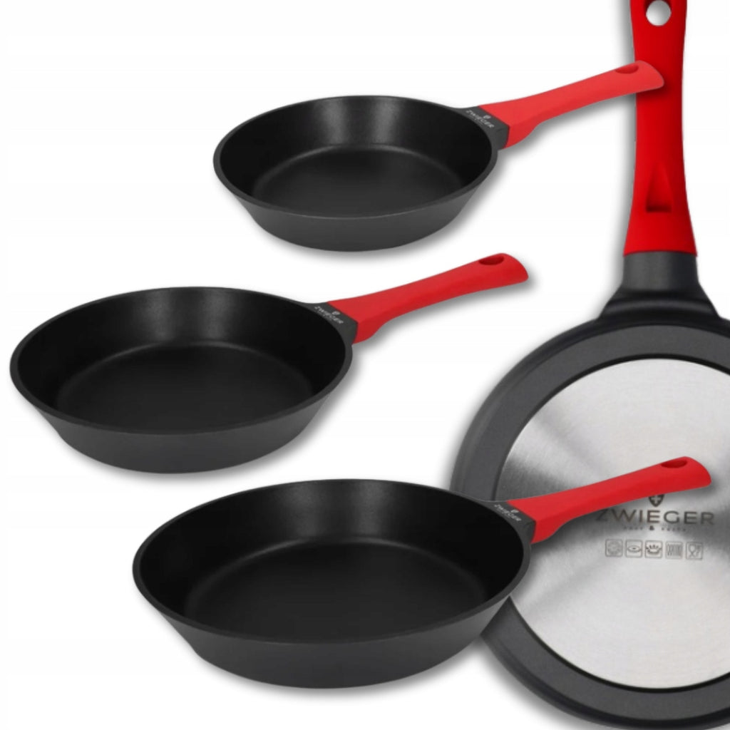 Zestaw Patelni Obsidian 3 Elementy 20 cm 24 cm 28 cm Powłoka Nieprzywierająca Greblon Pełna Indukcja Odlewane Aluminium