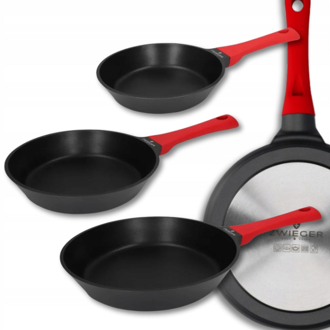 Zestaw Patelni Obsidian 3 Elementy 20 cm 24 cm 28 cm Powłoka Nieprzywierająca Greblon Pełna Indukcja Odlewane Aluminium