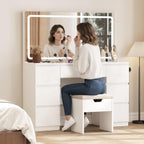 Coiffeuse miroir LED 115 x 60 cm tabouret inclus 7 tiroirs station recharge éclairage réglable blanc