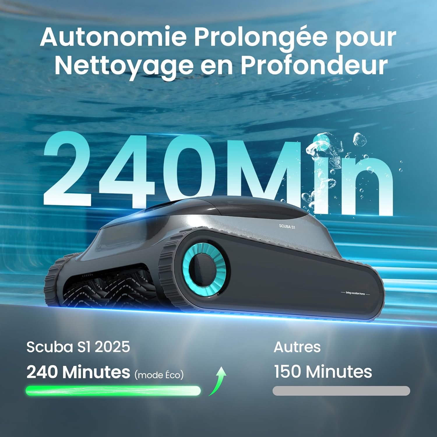 Robot piscine Scuba S1 nettoyage sol parois ligne eau 240 min filtration fine navigation intelligente app