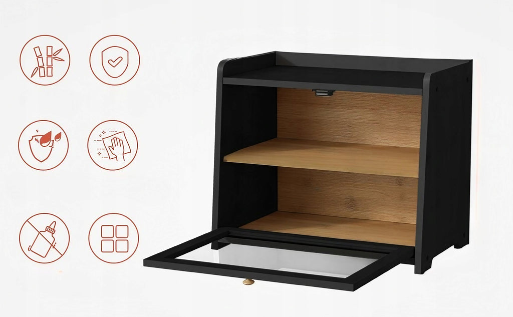 2 x Chlebak Bambusowy Prostokątny Jednoczęściowy 40 x 25 x 35 cm Czarny z Przezroczystymi Drzwiczkami Magnetycznym Zamknięciem i Półką